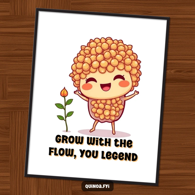 Funny Free Printable Wall Art: A joyful quinoa character performing an energetic and silly dance move with a tiny sprout.