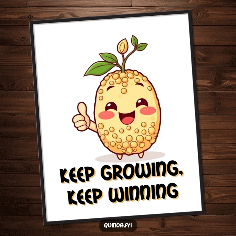 Funny free printable wall art of a happy quinoa character with a sprout, giving a thumbs-up, adding cheerful decor.