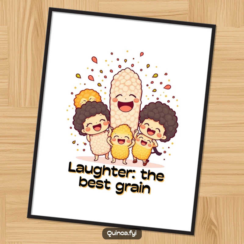 Funny free printable wall art featuring a joyful explosion of laughing quinoa characters, adding vibrant, humorous decor.