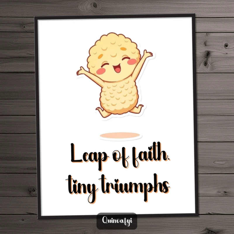 Funny Free Printable Wall Art of a happy quinoa character doing a tiny, graceful leap, perfect for kitchen or food-themed decor.