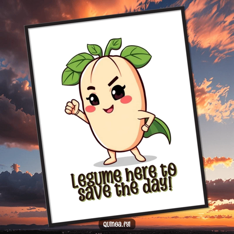 Funny Free Printable Wall Art of a charming legume winking while striking a superhero pose, full of personality.