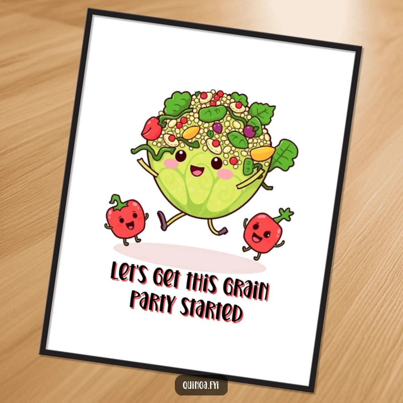 Funny Free Printable Wall Art: A quinoa salad busts a move with tiny dancing vegetable characters, creating a lively and humorous culinary scene.