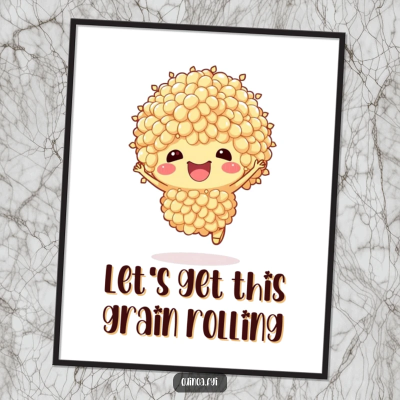 Funny Free Printable Wall Art: An anthropomorphic quinoa cluster joyfully hopping, perfect for humorous downloadable home decor.