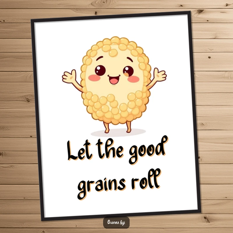 Funny Free Printable Wall Art: A smiling quinoa grain waves enthusiastically, bringing humor and charm to any room.