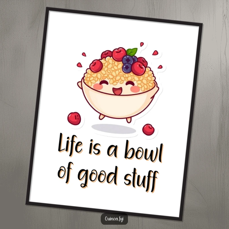 Funny Free Printable Wall Art: An anthropomorphic bowl of yummy cooked quinoa with tiny berries happily bounces.