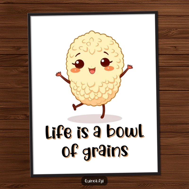 Funny Free Printable Wall Art: A single, anthropomorphic quinoa grain with tiny legs happily dances a little jig.