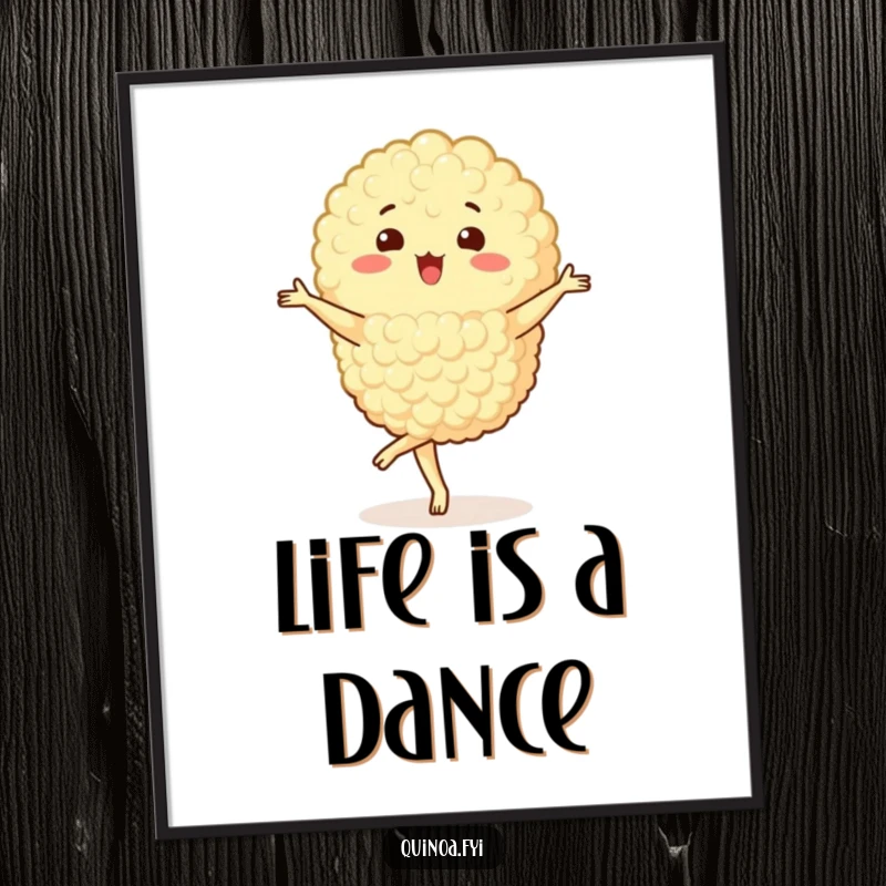 Funny Free Printable Wall Art: A happy quinoa cluster character performing a graceful pirouette.