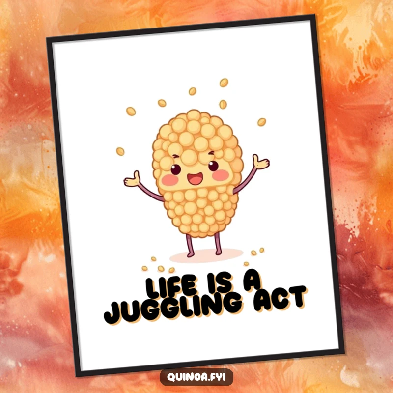Free Printable Wall Art: A quinoa cluster with tiny arms joyfully juggles numerous small grains, creating energetic and humorous downloadable art.