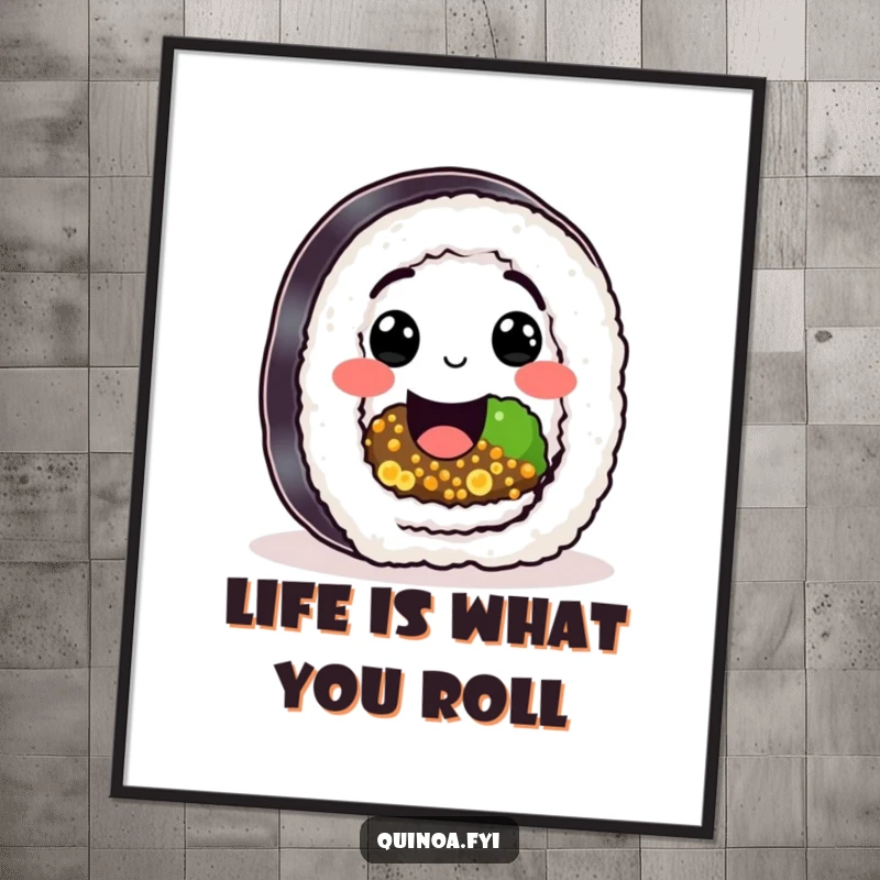 Funny Free Printable Wall Art: A happy sushi roll character with a quinoa filling is smiling big, adding a cheerful and humorous touch to decor.