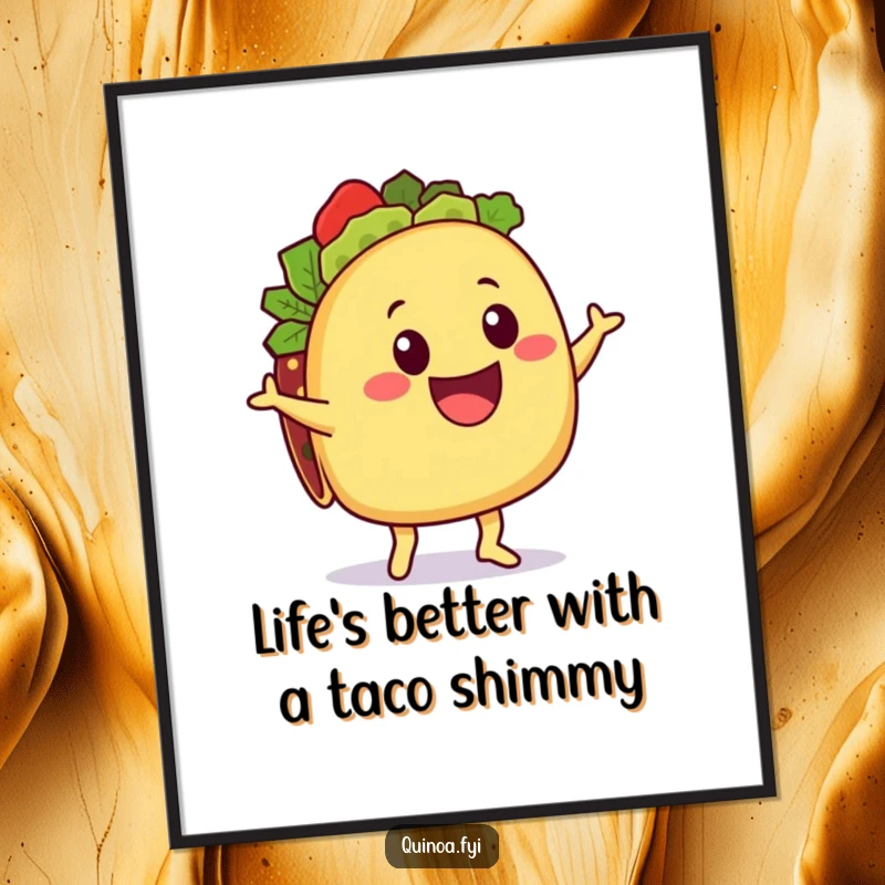 Funny Free Printable Wall Art: Delighted taco character with quinoa filling doing a happy shimmy, bringing festive energy.