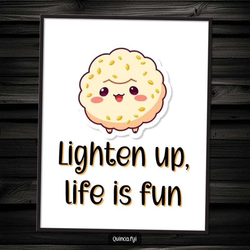 Funny Free Printable Wall Art: A playful quinoa puff character floats eerily with a wide, mischievous grin and a twinkling eye.