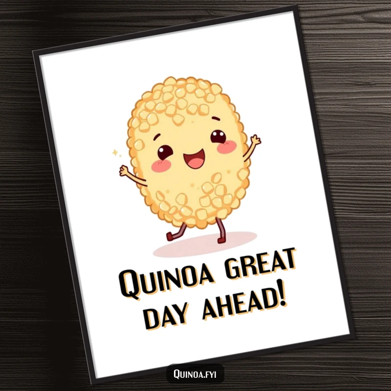 Funny Free Printable Wall Art depicting a cheerful quinoa grain with little legs enthusiastically doing a joyful jig, full of life.