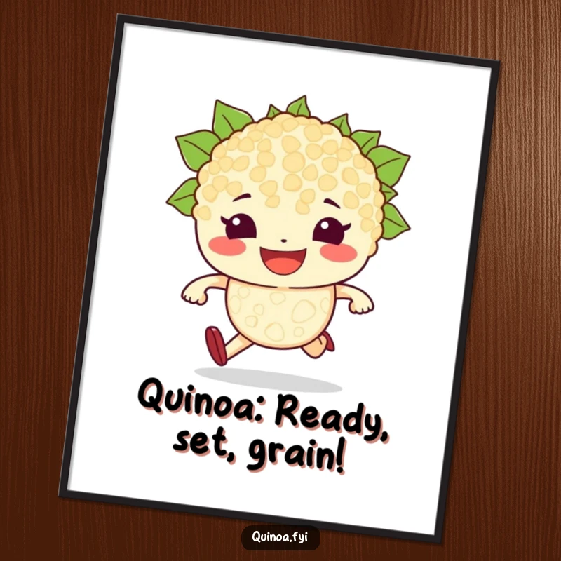 Funny Free Printable Wall Art: A determined quinoa grain character with a grin, poised to run a race.