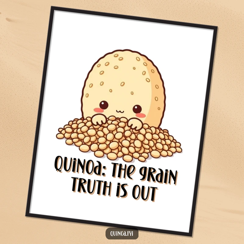 Funny Free Printable Wall Art: A curious quinoa grain character peeking out from a pile of grains, looking inquisitive.