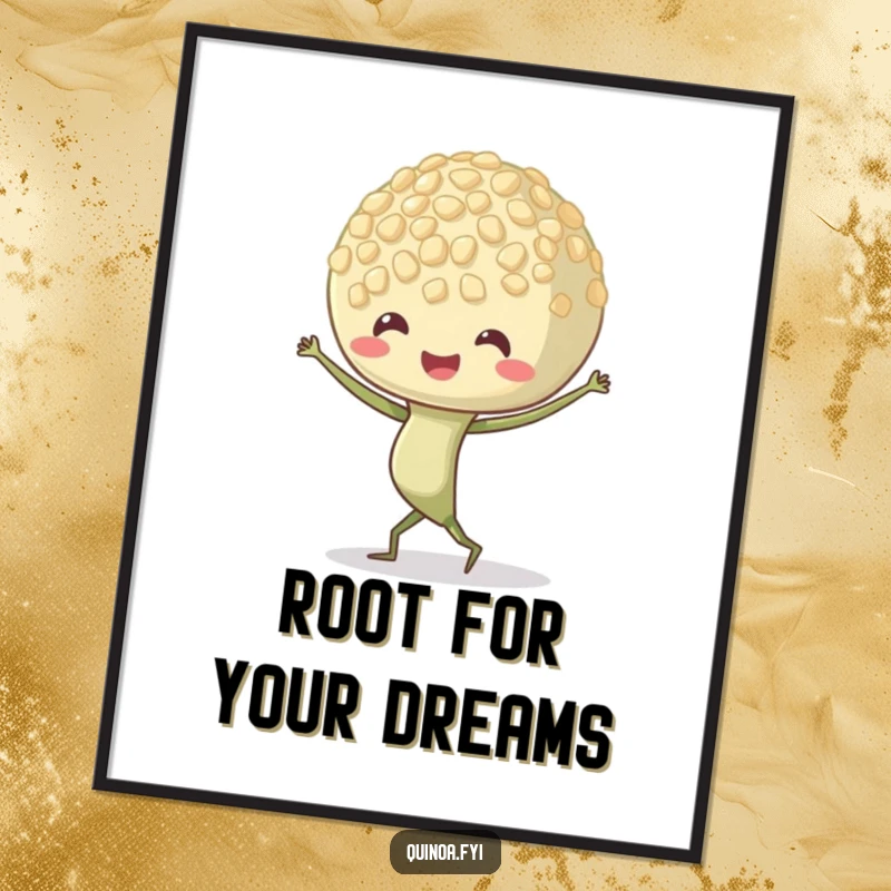 Funny Free Printable Wall Art: A quinoa sprout character doing a lively dance with its tiny roots wiggling.