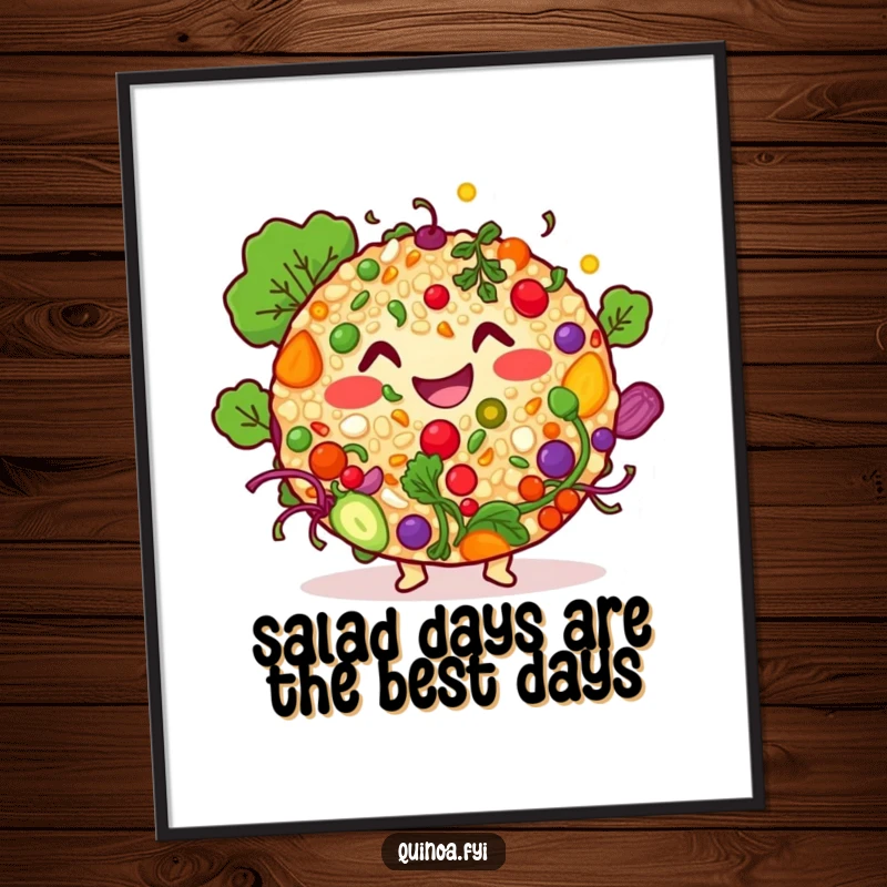 Funny Free Printable Wall Art: A smiling quinoa salad character with assorted colorful ingredients, looking delightful and appetizing.
