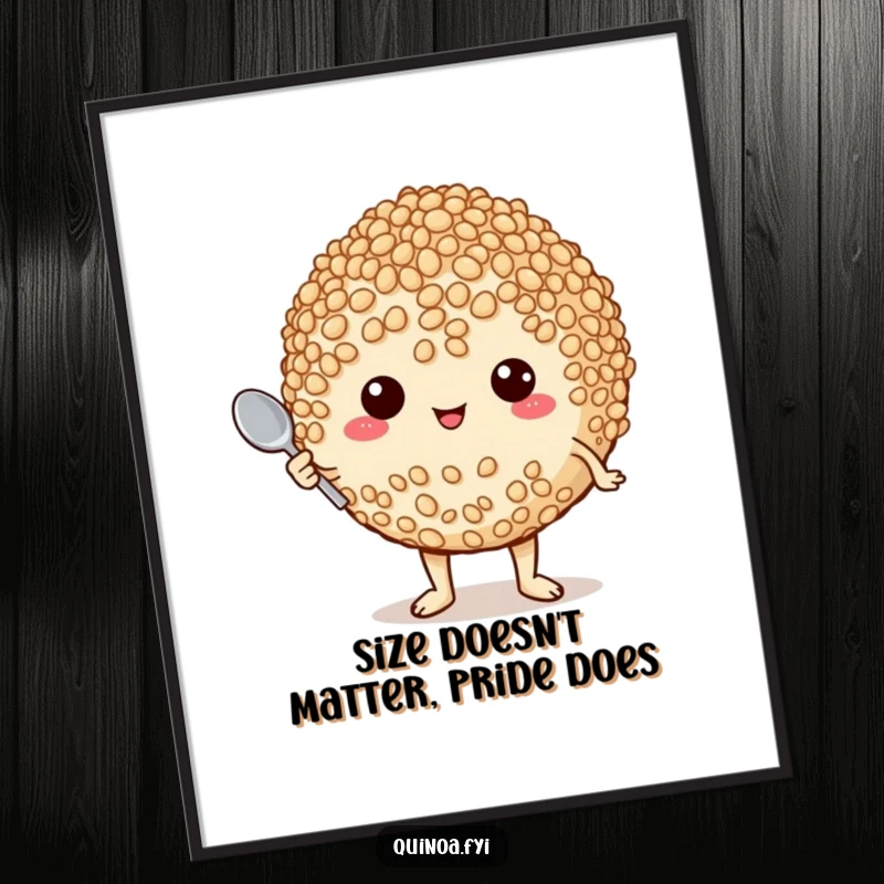 Funny free printable wall art of a plump, proud quinoa character holding a tiny spoon, adding whimsical decor.