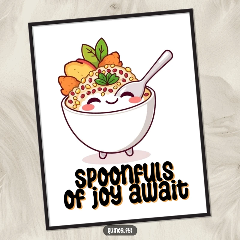 Funny Free Printable Wall Art: A smiling quinoa bowl character playfully uses a spoon for a delightful taste.
