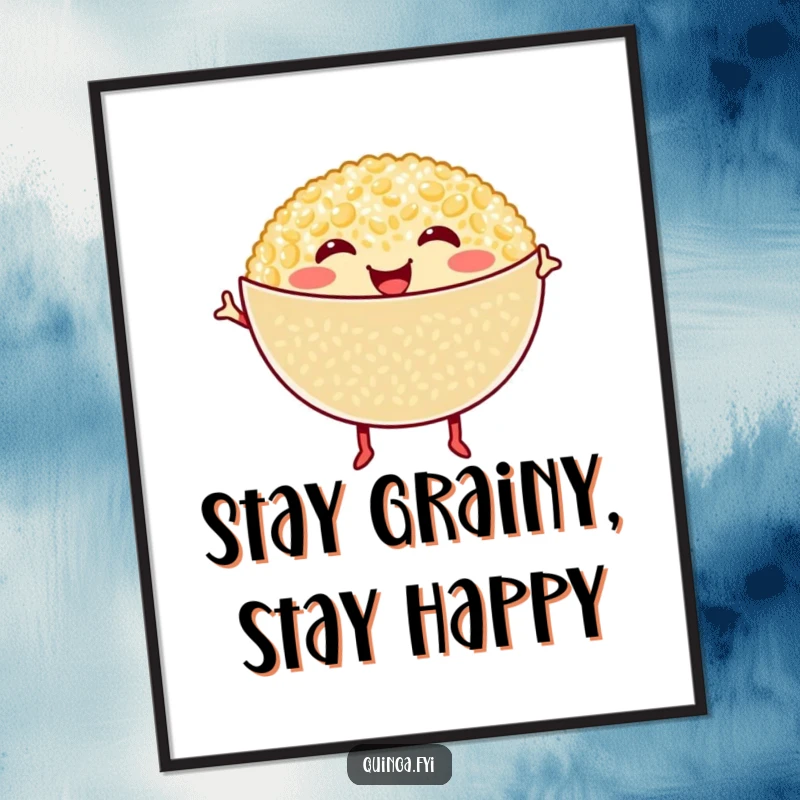Funny Free Printable Wall Art: Smiling quinoa bowl with tiny legs performing an ecstatic happy dance, radiating joy.