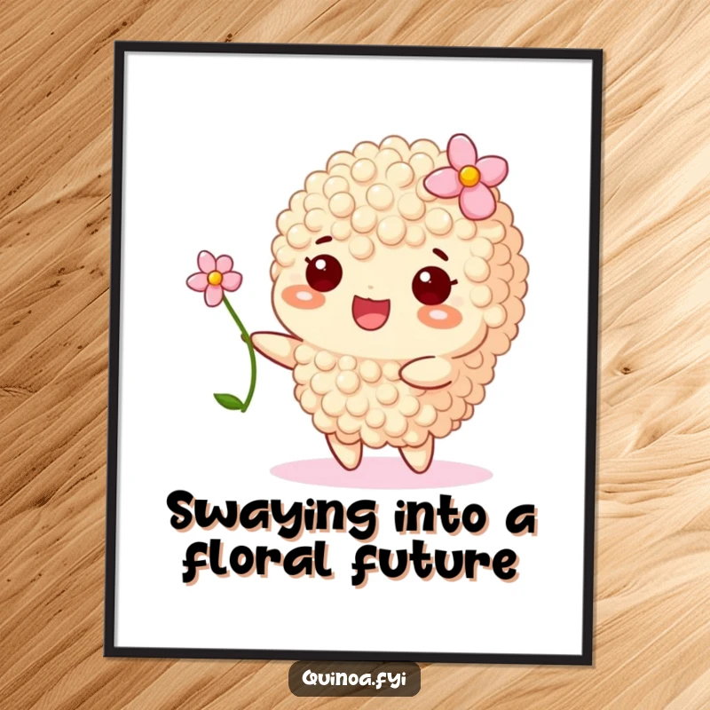 Funny Free Printable Wall Art: A happy quinoa grain with a delicate flower sways gently, bringing a peaceful and charming natural element indoors.