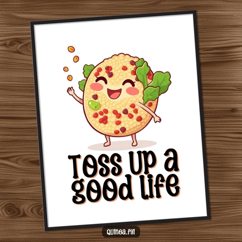 Funny free printable wall art of a smiling anthropomorphic quinoa salad playfully tossing a tiny grain, adding a touch of humor.