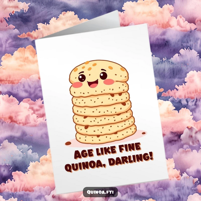 Funny Free Printable Birthday Card: a stack of delighted quinoa patties wiggling with joy, a unique foodie greeting.
