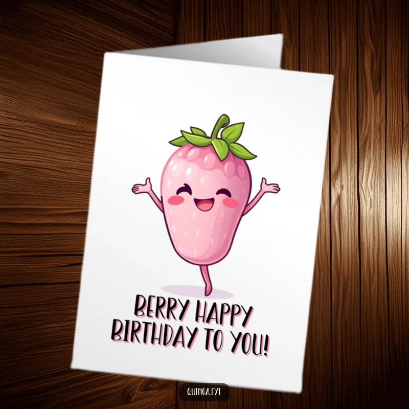 Funny Free Printable Birthday Card: Cheerful anthropomorphic berry performs a graceful pirouette with a big grin.