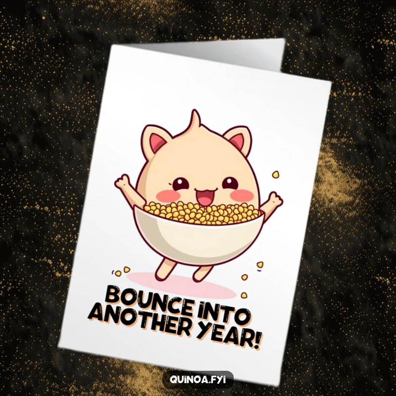 Funny free printable birthday card featuring a cheerful anthropomorphic quinoa bowl bouncing high with excitement, radiating pure joy.