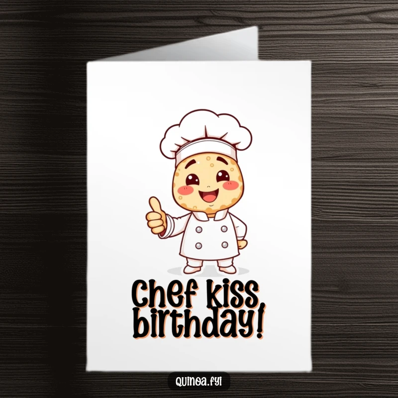 Funny Free Printable Birthday Card: A smiling quinoa chef character giving a cheerful thumbs up, a unique downloadable gift.