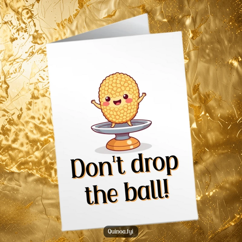 Funny Free Printable Birthday Card: Happy quinoa grain character skillfully balancing on a tiny, spinning plate, celebrating.