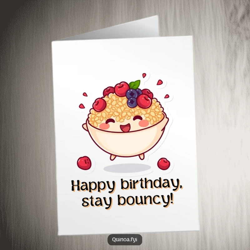 Funny Free Printable Birthday Card: A cheerful bowl of cooked quinoa with tiny berries joyfully bounces with excitement.