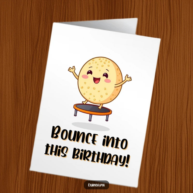 Funny Free Printable Birthday Card: A smiling, round grain of quinoa excitedly bouncing on a tiny trampoline.