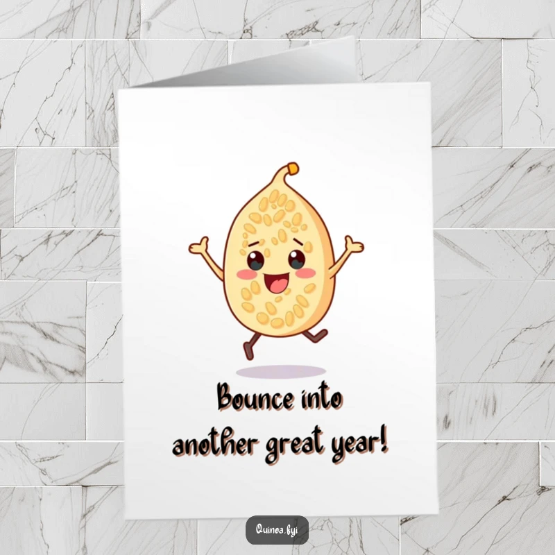 Funny Free Printable Birthday Card: Cheerful quinoa seed character bouncing with excitement, ready to party, perfect DIY gift.