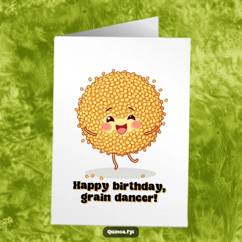 Funny Free Printable Birthday Card: A bright, cheerful group of quinoa grains doing a lively dance.