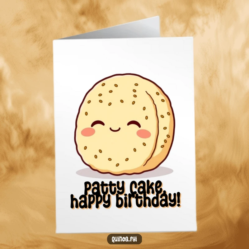 Funny Free Printable Birthday Card: Content quinoa patty character smiling serenely, radiating peace and happiness, perfect DIY gift.
