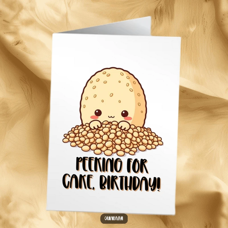 Funny Free Printable Birthday Card: A curious quinoa grain character peeking from a pile of grains with wide eyes.