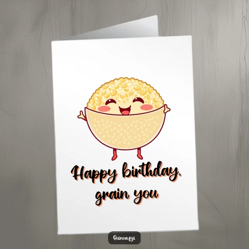 Funny Free Printable Birthday Card: Smiling quinoa bowl with tiny legs doing an energetic, happy dance.