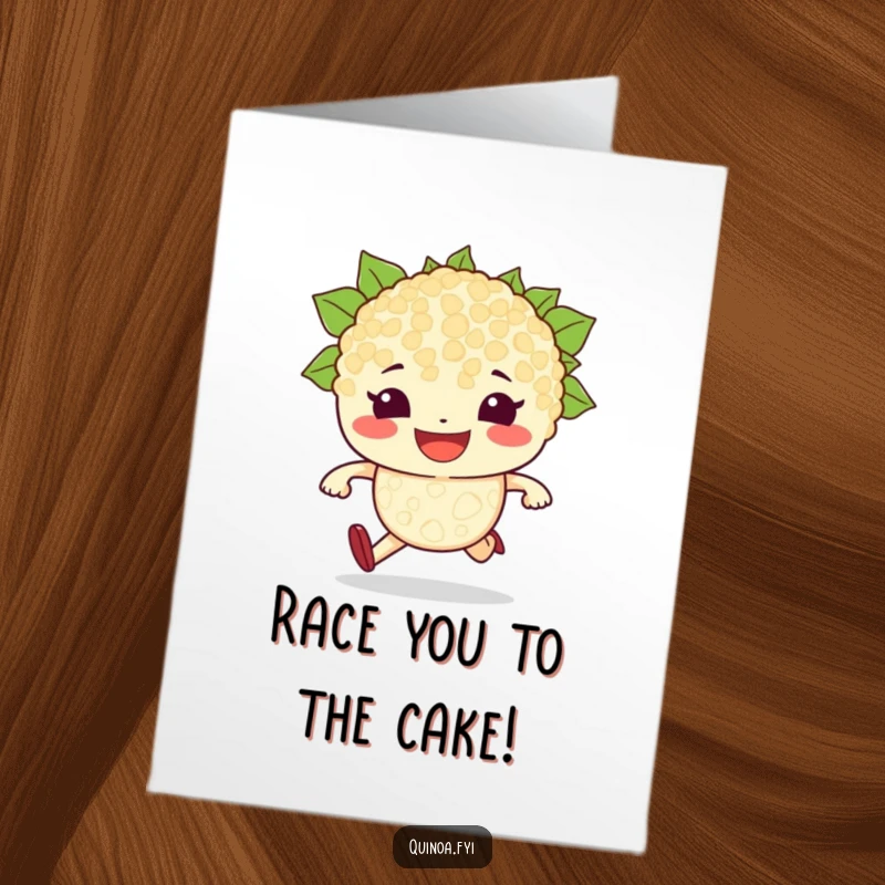 Funny Free Printable Birthday Card: A determined quinoa grain character grinning, ready to run a race.