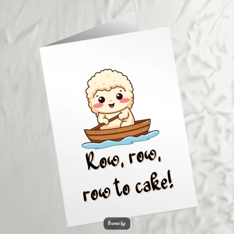 Funny Free Printable Birthday Card: A determined quinoa with a confident smile, confidently rowing a tiny boat on a whimsical journey.