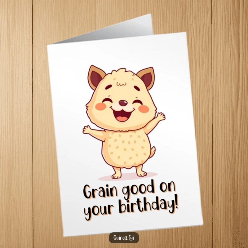 Funny Free Printable Birthday Card featuring an anthropomorphic quinoa blend in a joyful dance pose, ready to party.