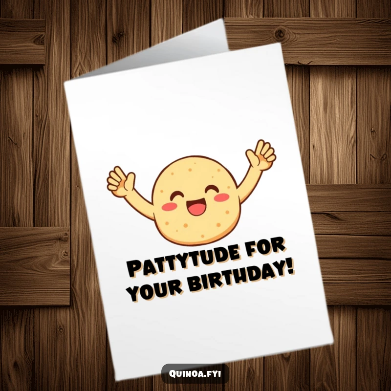Funny Free Printable Birthday Card: Enthusiastic Quinoa Patty cheering with arms raised, celebrating a birthday.