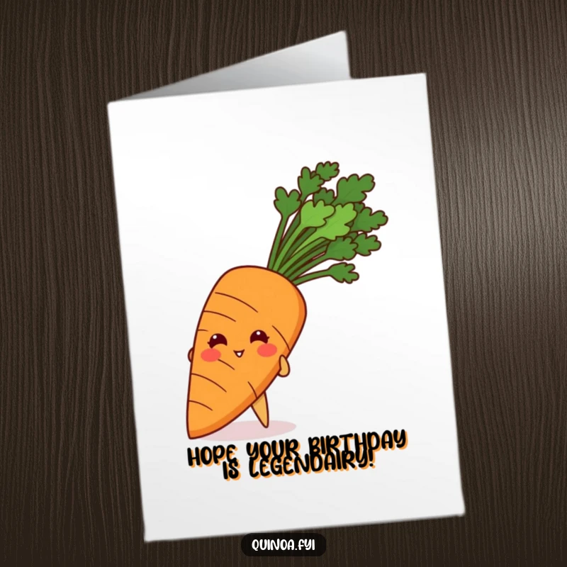 Funny Free Printable Birthday Card: Giggling Quinoa Grain Peeking from Behind Giant Carrot