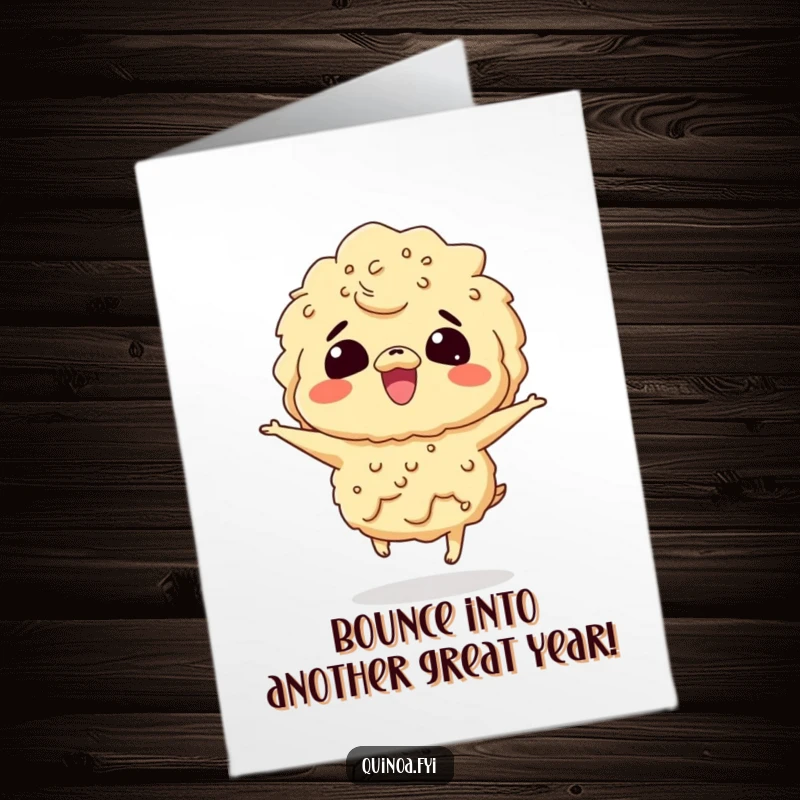 Funny Free Printable Birthday Card: Giggling quinoa character bouncing with pure, unadulterated excitement and joy, ready to party.