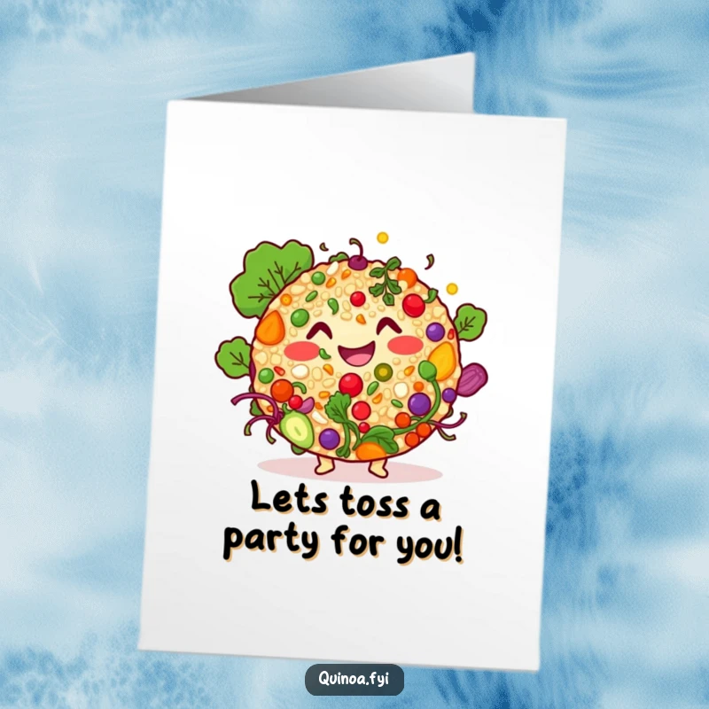Funny Free Printable Birthday Card: Smiling quinoa salad with colorful ingredients, looking festive and ready to celebrate, great DIY gift.