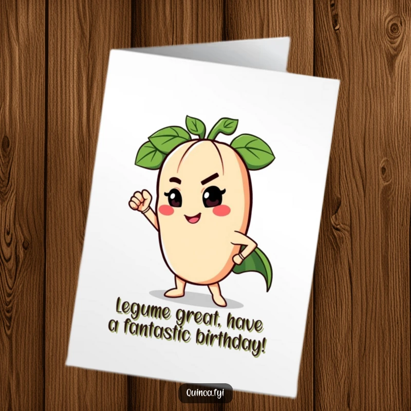Funny Free Printable Birthday Card featuring a charming legume winking heroically, ready to save the day with humor.