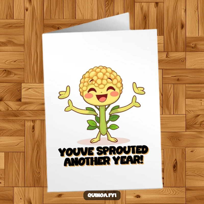 Funny Free Printable Birthday Card: Joyful Quinoa Plant character with leafy arms wide open in a happy, welcoming embrace.