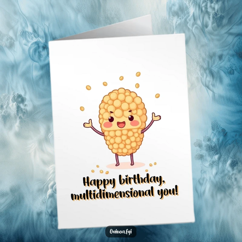 Free Printable Birthday Card: A quinoa cluster joyfully juggles tiny grains with its small arms, sending happy birthday wishes.