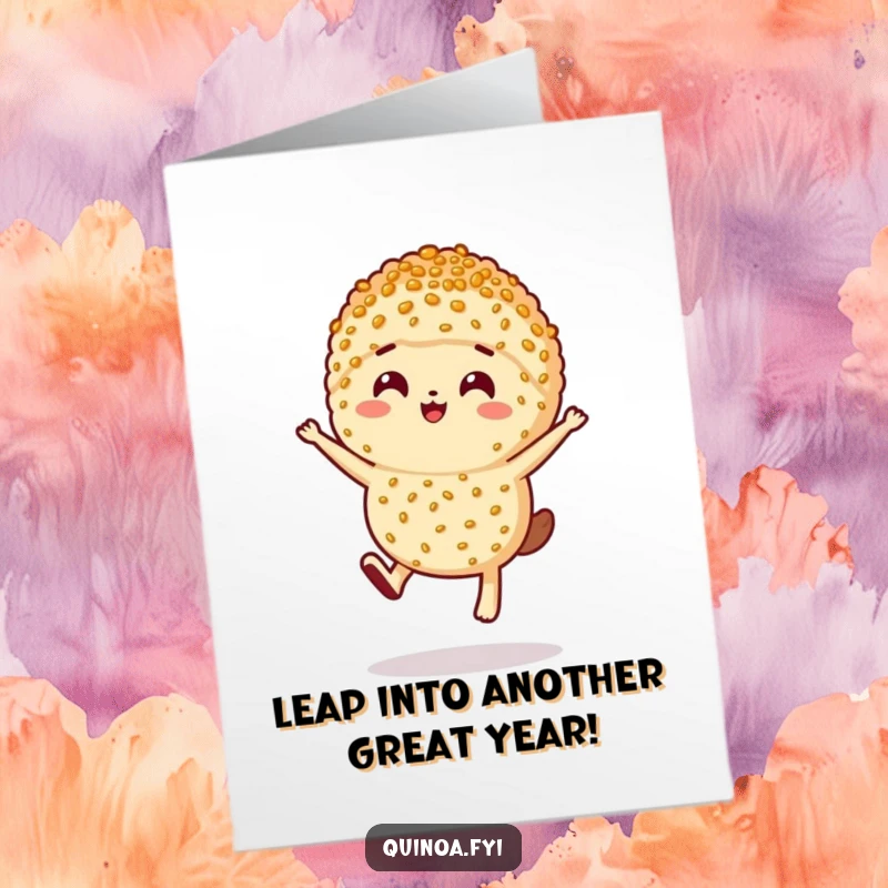 Funny Free Printable Birthday Card: A happy quinoa serving leaps with joy, celebrating your special birthday.