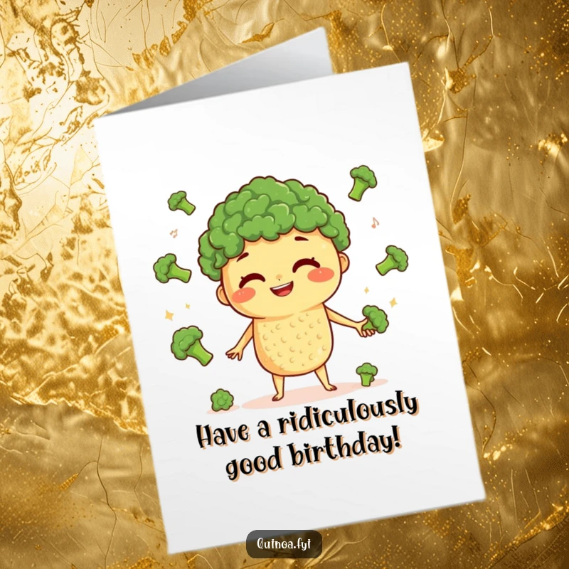 Funny Free Printable Birthday Card: Curious quinoa character expertly juggling tiny broccoli florets with a wide, happy grin.