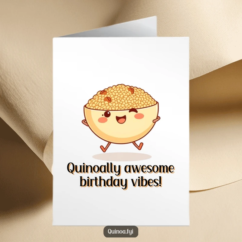 Funny Free Printable Birthday Card: A happy bowl of quinoa with legs happily skips, wishing a great birthday.